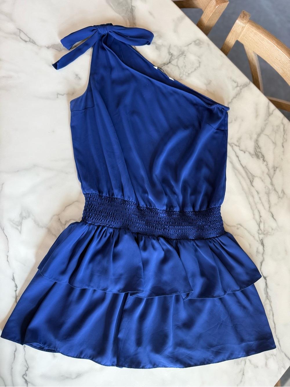 Amanda Uprichard One-Shoulder Royal Blue Mini Dress with Smocked Waist
